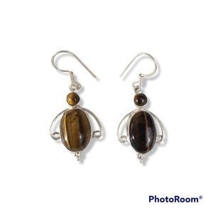 Tiger's Eye Drop/Dangle Earrings Oval Cabochon Sterling Silver